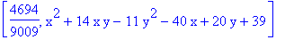 [4694/9009, x^2+14*x*y-11*y^2-40*x+20*y+39]